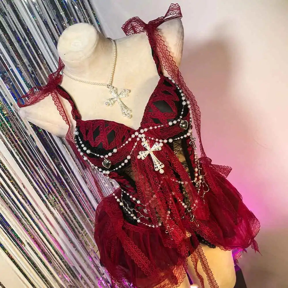 Rotes Gothic-Kleid für Damen Y2K Rave Cyber Punk Rock Star Goth Kreuz-Spitzen-Design Emo ALT Grunge E-Girls Lolita Ballkleid Kleidung