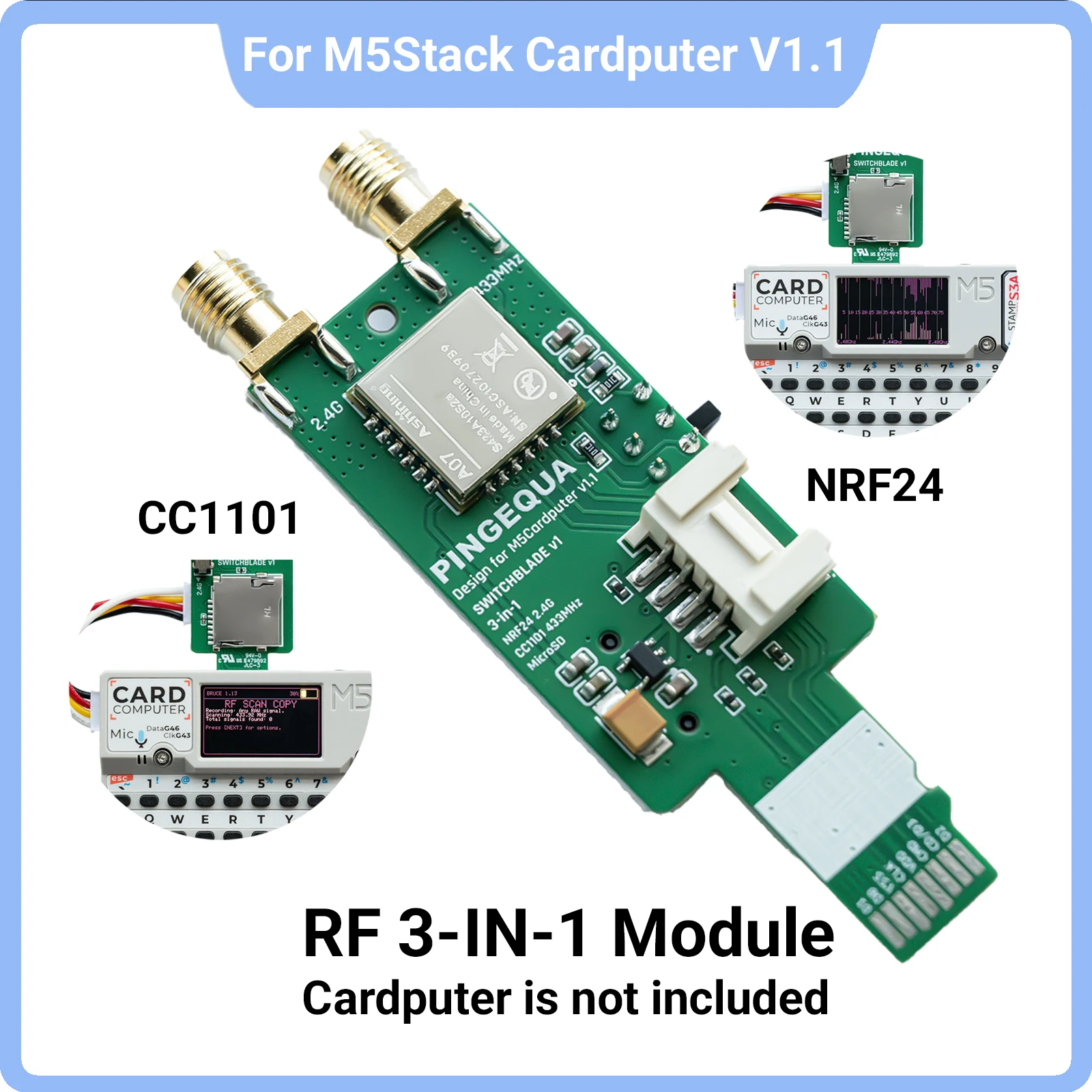 PINGEQUA M5Stack Cardputer RF CC1101&NRF24 3-IN-1 Modul, 433Mhz & 2.4G Grove Plug & Play Schnittstelle, mit Bruce Firmware Image