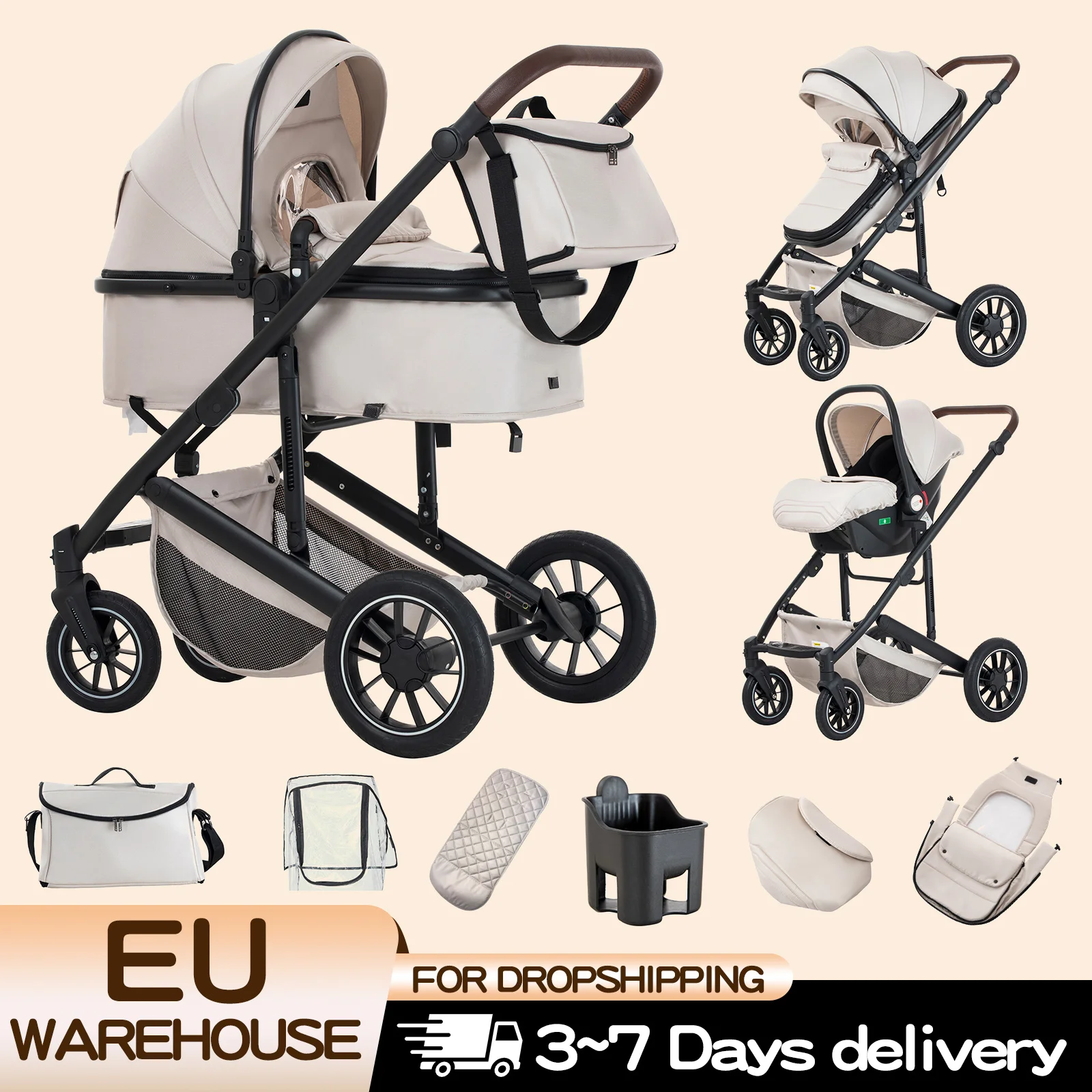 Luxus-Kinderwagen 3-in-1 mit Autositz für Neugeborene, Vier-in-Eins-Kinderwagen, stoßdämpfender Reisebuggy mit Aluminiumrahmen Image