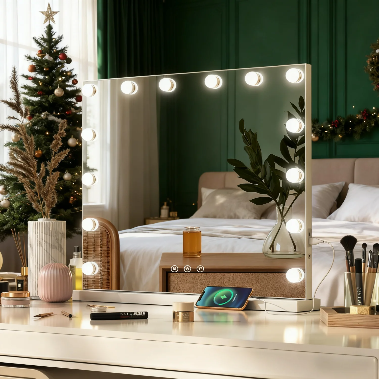 Dimmbarer, mit LED beleuchteter Schminkspiegel, 10-fache Vergrößerungsfunktion, dreifarbiger Kosmetikspiegel mit Touch-Steuerung, USB-betriebener Tischspiegel