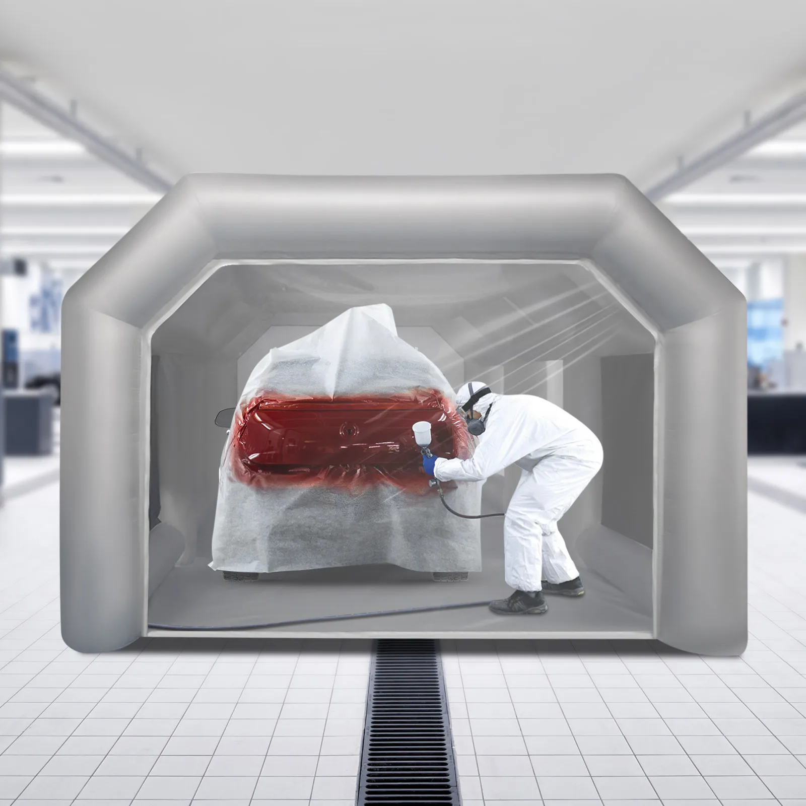 Luftblasbarer Lackierzelt Oxfordtuch+PVC+Carbonfaser Grey – 42,52,2 m/13,128,27,22 Fuß Größe Effiziente Filtration Image