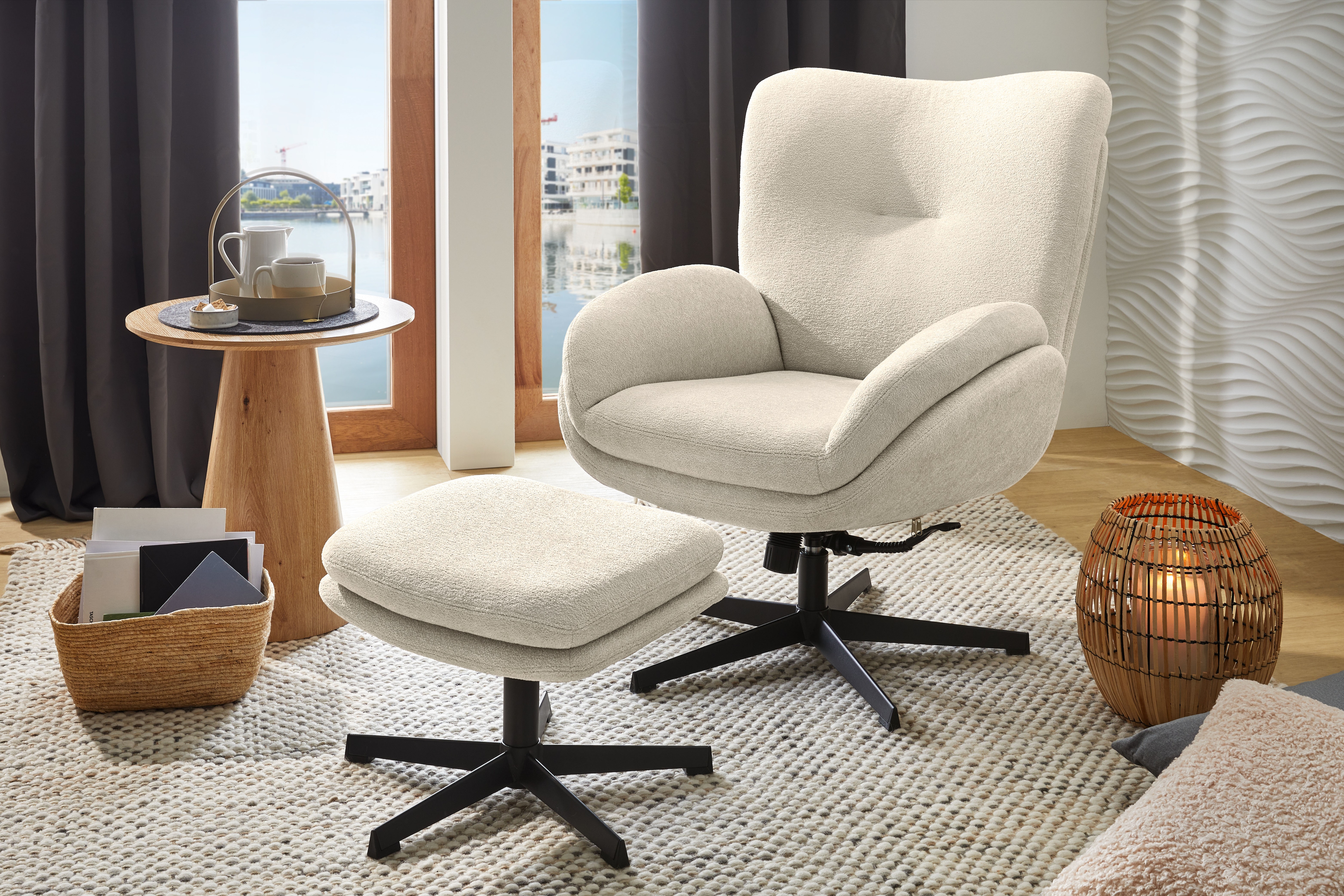 Relaxsessel JOCKENHÖFER GRUPPE "Hawaii", beige, B:76cm H:98cm T:90cm, Sessel, Relaxsessel, inklusive Hocker, 360 Drehfunktion, feststellbare Wipp-Funktion