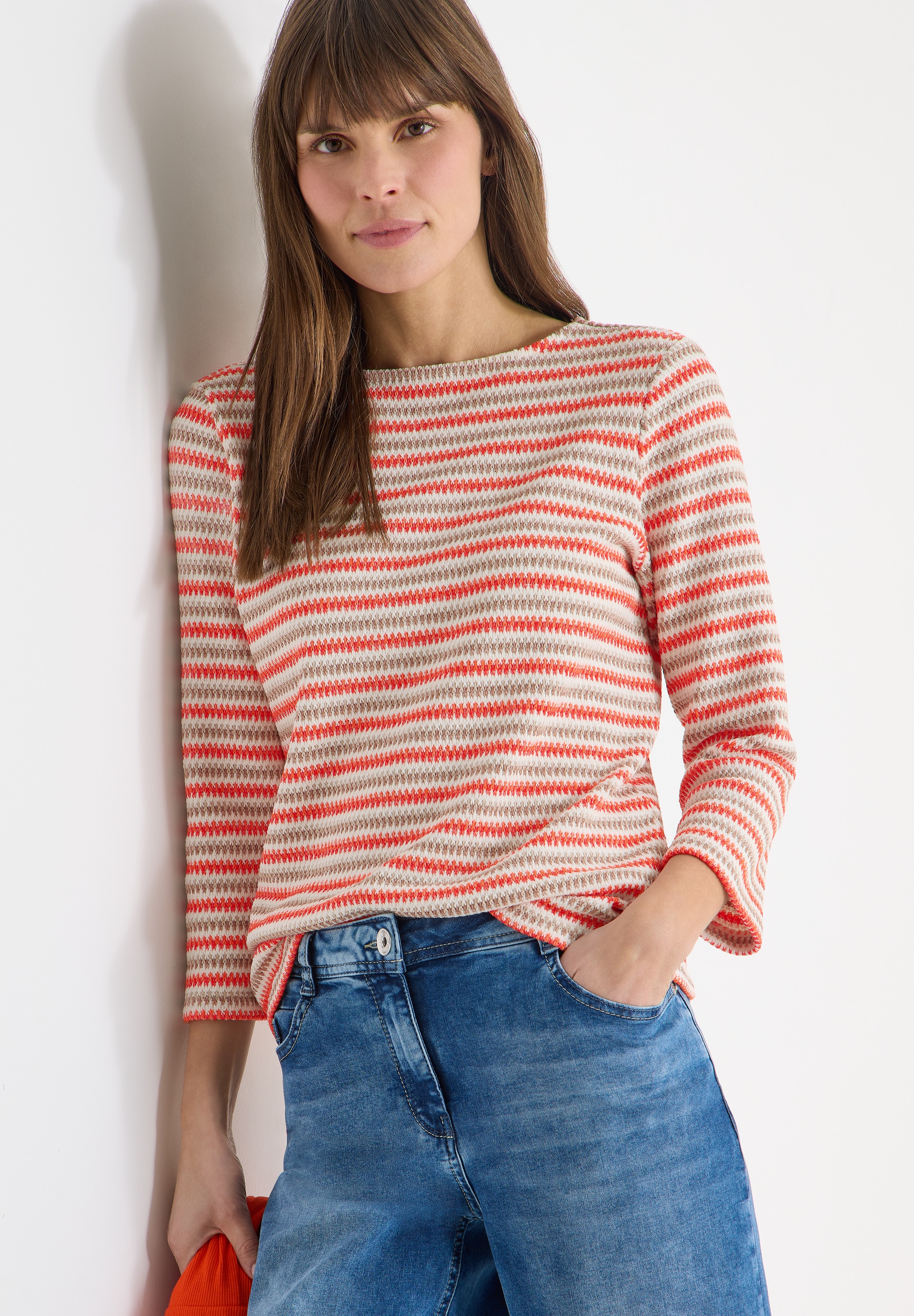 3/4 Arm-Pullover CECIL, Damen, Gr. M (40), cherry tomato orange, Strick, Obermaterial: 65% Polyester, 30% Viskose, 5% Elasthan, gestreift, bequem hüftbedeckend, U-Boot-Ausschnitt, Pullover, mit Multicolor-Streifen