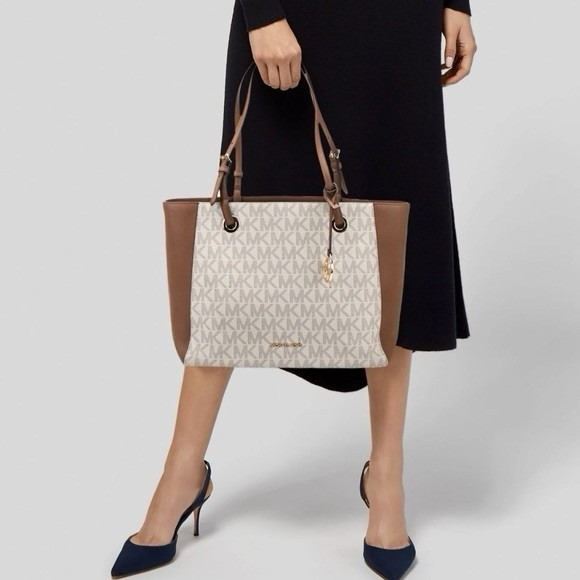 Michael Kors Bags | $298 Michael Kors Women Walsh Md Mf Leather Tote Bag Mk Logo Vanilla Color | Color: Brown/Gold | Size: Os