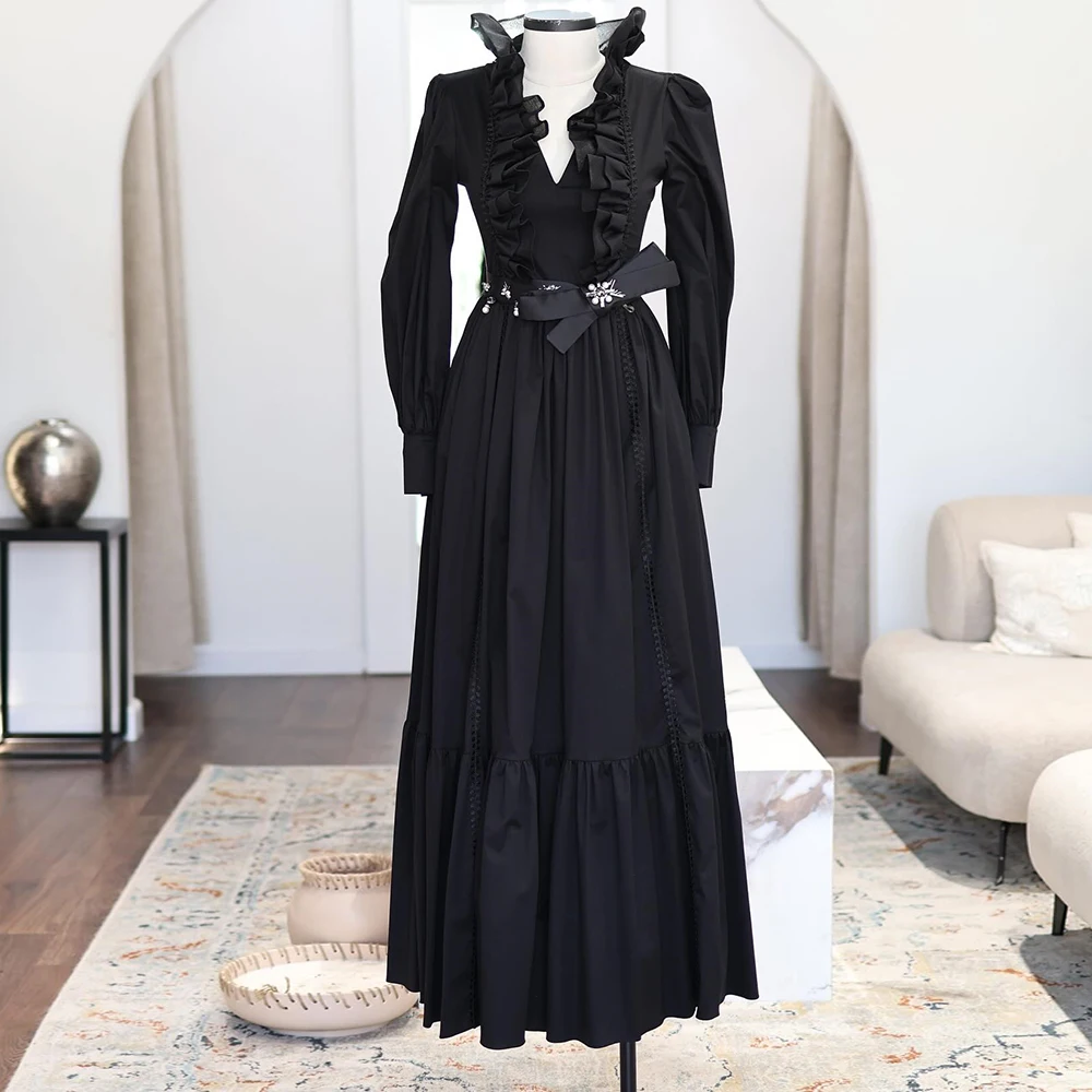 Customized A-line Evening Dresses Floor-length V-neck Full Sleeve Prom Gown Fashion Beading Crystal Bow Ruched Draped Party Gown