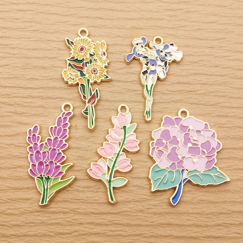 10 pezzi di ciondoli a forma di fiore per la creazione di gioielli, collane con ciondoli smaltati, bracciali, orecchini, accessori fai da te, forniture in lega di metallo placcato oro