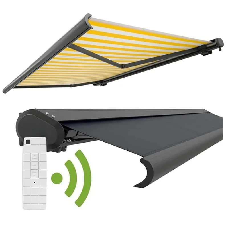 Terrassenmarkise für den Außenbereich, elektrische Vollkassettenmarkise, motorisierte einziehbare Markisen für den Außenbereich mit Windsensoren und LED-Licht Image