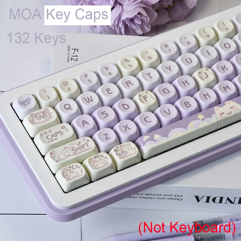 Süße Katze MOA Tastenkappen 132 Tasten Benutzerdefiniertes PBT Doubleshot Benutzerdefiniertes Tastenkappen-Set für mechanische MX-Switch-Tastatur Image
