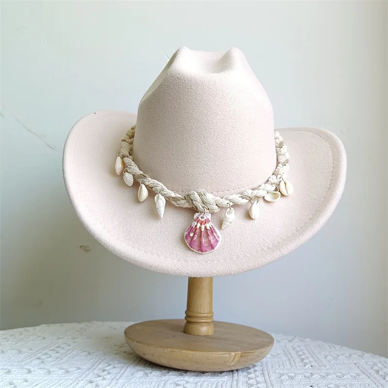 Muschel-Cowboyhut, beige, doppelt konkav, Cowboyhut, einfarbiger Filzhut, Outdoor-Hut für Erwachsene, Ritterhut, Sombrero Homme Image