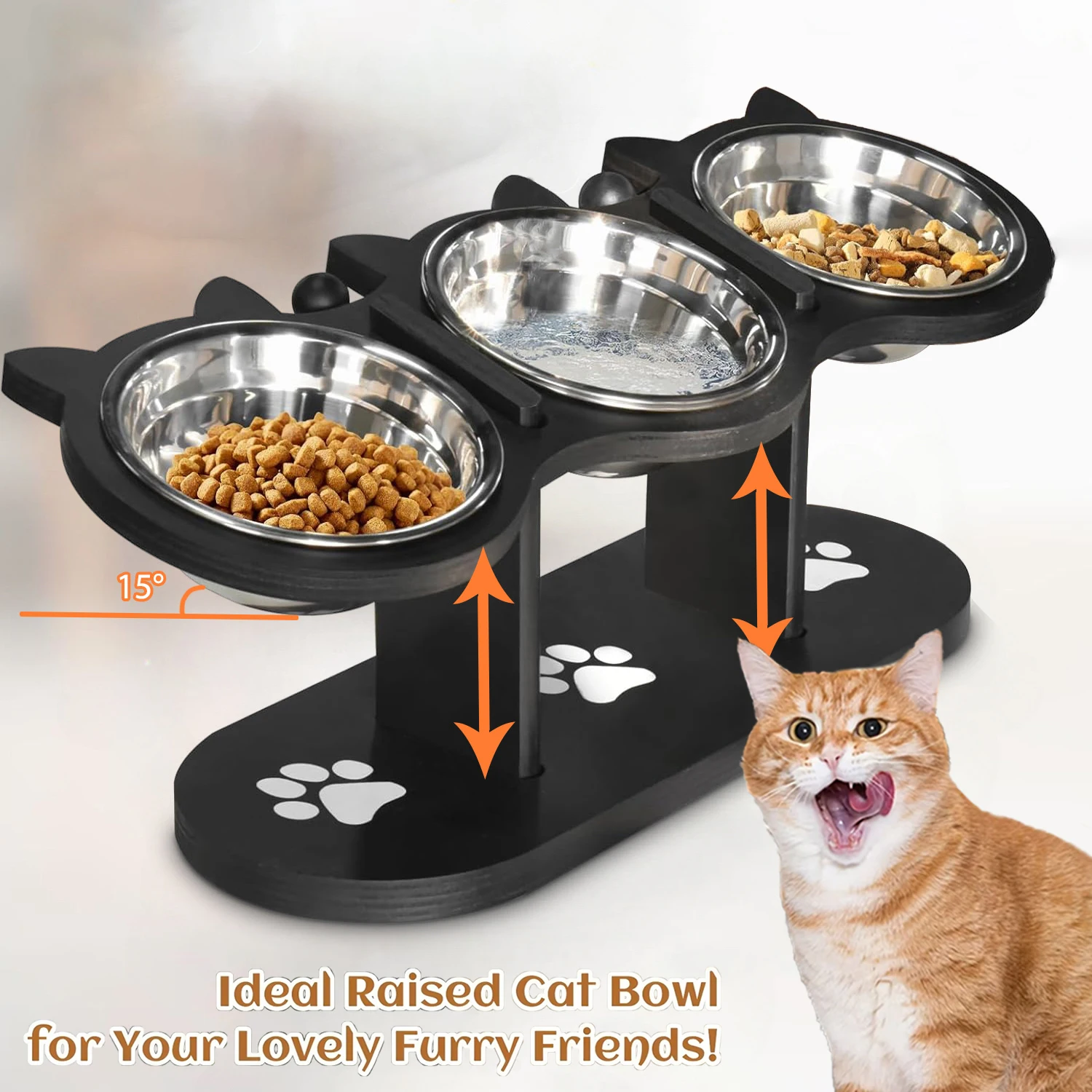 Katzen-Futterstation mit 3 Schüsseln in 1, Futterautomat für Haustiere mit 15 Stück ° Gekippter Wassernäpfe für Hunde und Katzen, Ständer mit 3 Edelstahlschüsseln und Holzklammern Image