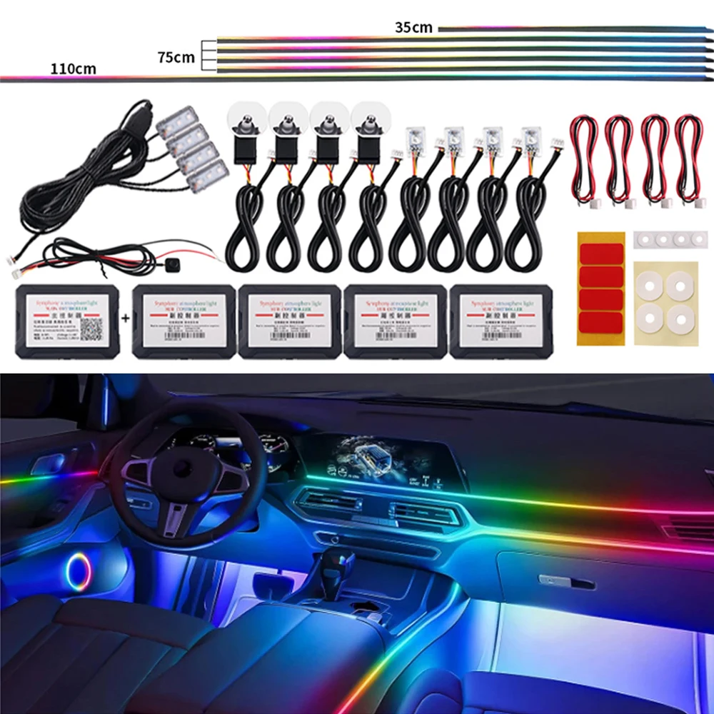 18-in-1 Auto-Ambientebeleuchtung 64 Farben RGB Symphonie Dekoration Innenraum Acryl-Lichtleiter LED-Streifen Atmosphärenlampe mit App-Steuerung Image