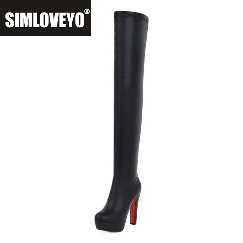 SIMLOVEYO Schuhe Sexy Plateaustiefel Overknee 13 cm Blockabsätze Schwarze Stiefeletten High Party Club Große Größe 45 46 47 48