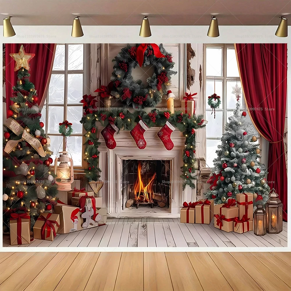 Frohe Weihnachten Kulissen Winter Kamin Dekor Fotografie Hintergrund Kinder Geburtstag Party Baby Dusche Banner Photo Booth Requisiten Image