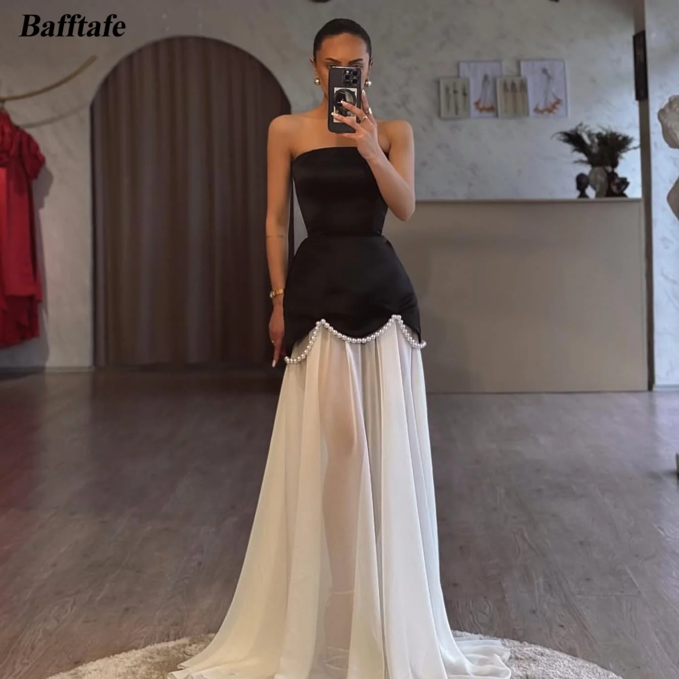 Bafftafe A-Linie Satin-Chiffon-Abschlussballkleid, maßgeschneidertes Damen-Kleid für formelle Anlässe, Perlen, trägerlos, Arabia-Abend-Partykleid Image