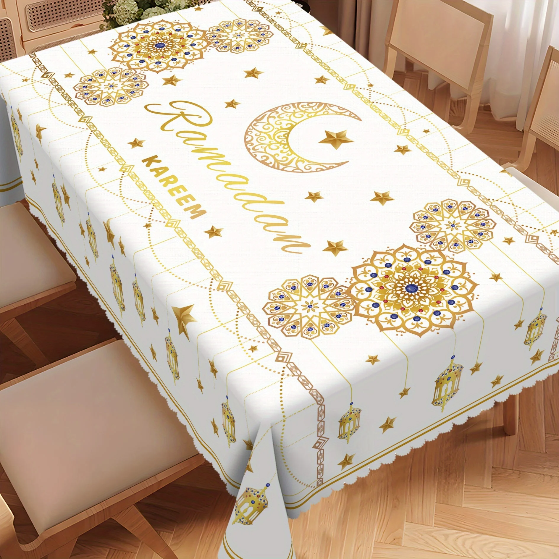 1-teilige Karim-Tischdecke, rechteckige Polyester-Tischdecke mit Mond, Stern, Laternenabdrücke, Dekorieren von Ramadan Mubarak Alfit, Image