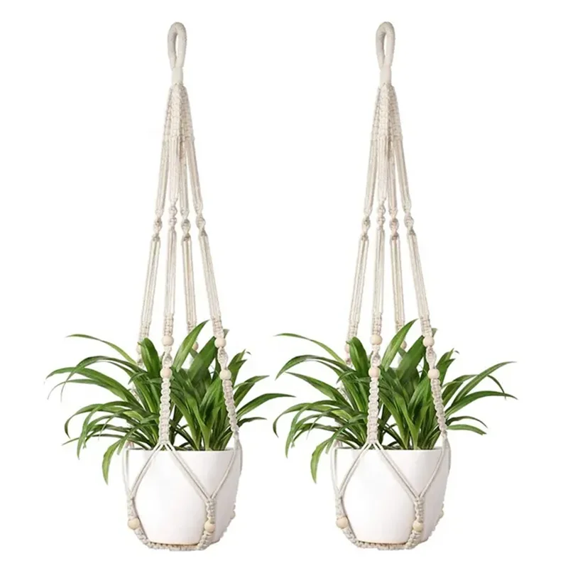 Handgefertigter Makramee-Pflanzenaufhänger, Blumentopfaufhänger, Baumwollseil, zum Aufhängen im Innenbereich, Pflanzkorb mit Holzperlen, dekorativ Image