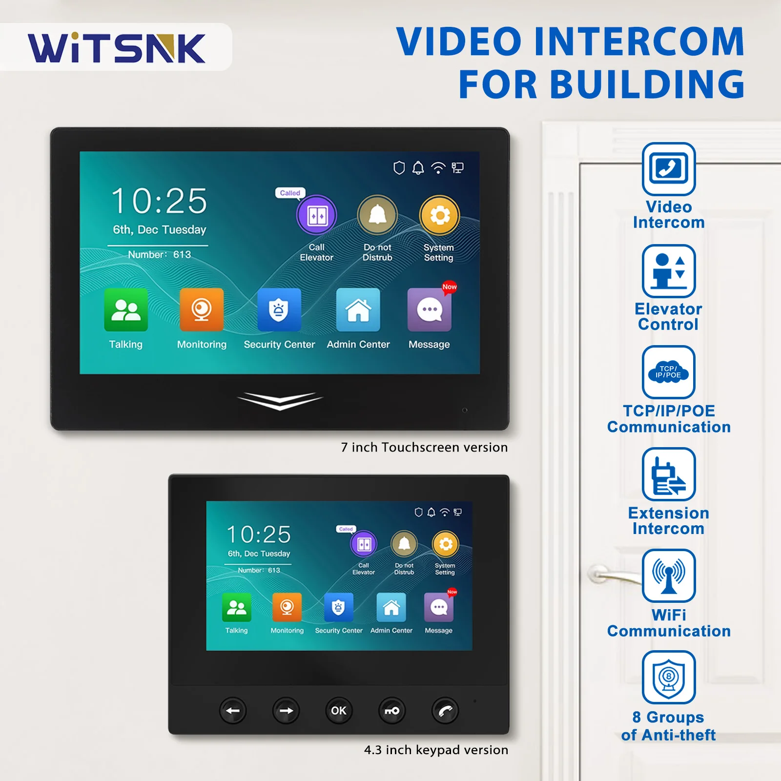 Intelligente 4,3-Zoll-7-Zoll-Touchscreen-Video-Gegensprechanlage für den Innenbereich, POE und WLAN, WEB-Management, Alarmeingangsausgang, einfache Installation Image