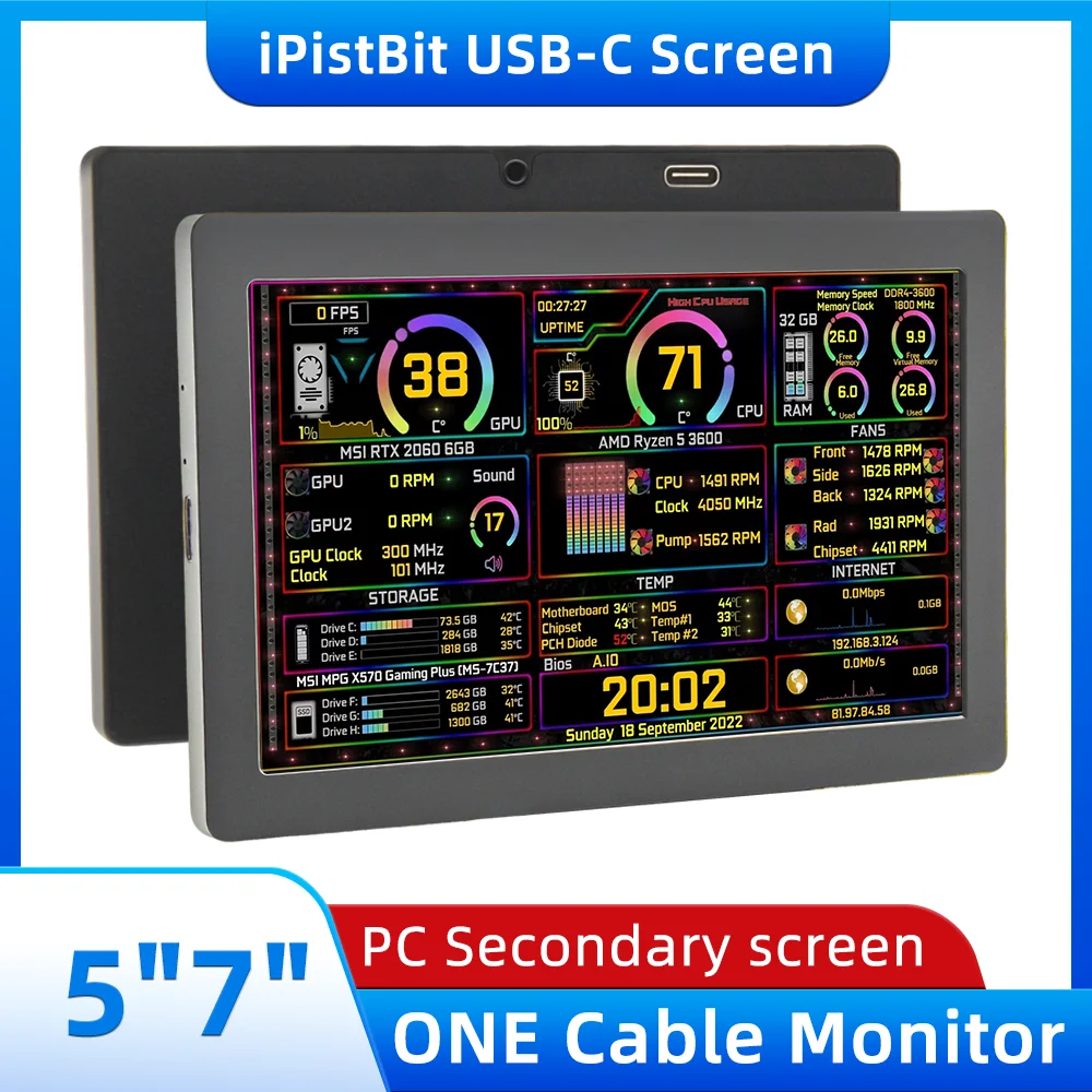 5/7 Zoll IPS Typ-C Sekundärbildschirm Dynamisches 1024x600 LCD-Display CPU GPU RAM-Überwachung Unterstützung frei vertikal AIDA64 Image