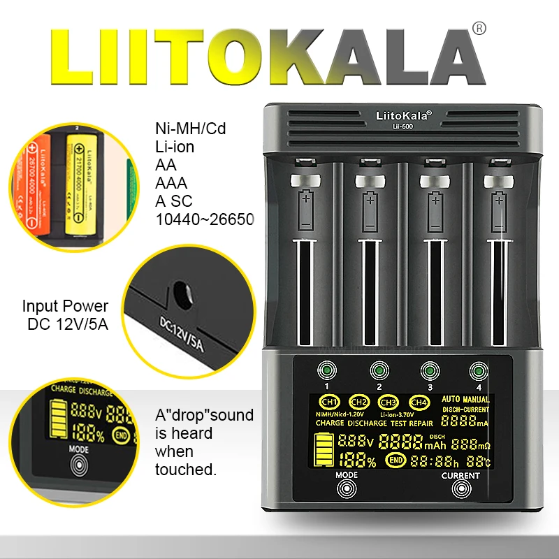 LiitoKala Lii-600 Smart Charger für 18650/21700/26650/AA/AAA/Ni-MH/Li-Ion, LCD-Display, schnelles Aufladen, 4 Steckplätze unabhängig Image