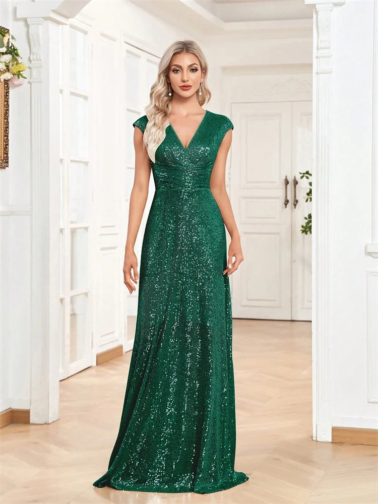 2025 frauen Elegante V-ausschnitt Meerjungfrau Abendkleid Bodenlangen Formale Blau Prom Party Kleid Pailletten Ärmellose Vestidos