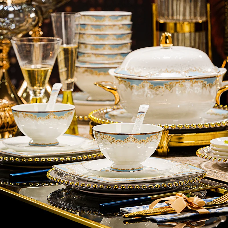 High-End-Geschirrset aus Bone China Jingdezhen, leichte, luxuriöse High-End-Schalen, Teller für den Heimgebrauch, neues Modell, Umzugshaus, Hochzeit Image