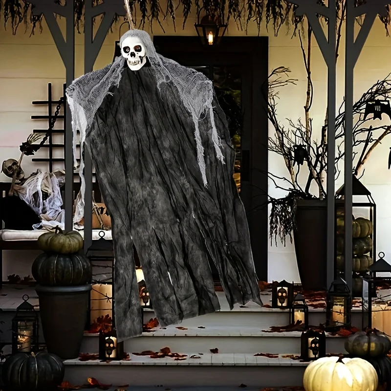 1 Stück Lofytain Halloween hängende Geister-Schädel-Skelett-Gaze, gruselige Requisiten für Spukhaus, Außenhof, Garten, Horror-Dekoration Image