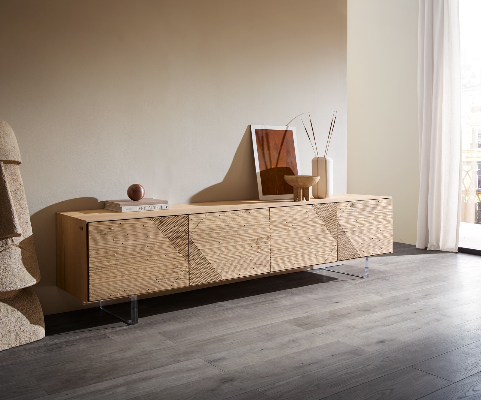 DELIFE Lowboard Tereos 220 cm Eiche Natur 3D Effekt 4 Türen Fuß Schwebeoptik Acrylglas, Lowboards Image