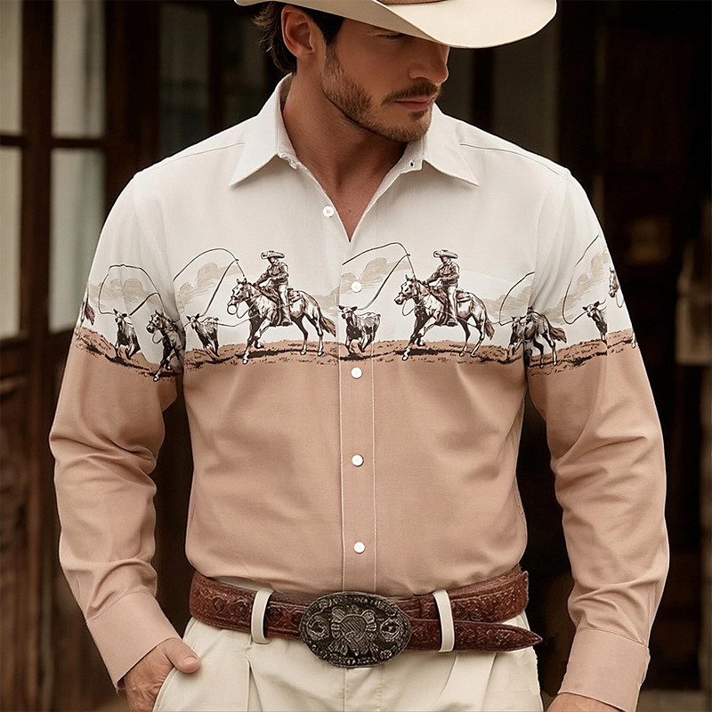 Men's Cowboy Riding Horse Shirt Western Shirt Cowboy Shirt Long Sleeve Vintage Retro Casual Outdoor WorkWear Spring Fall Turndown 3D Print Linen Like Shirt Button Up Shirts Blue Pink