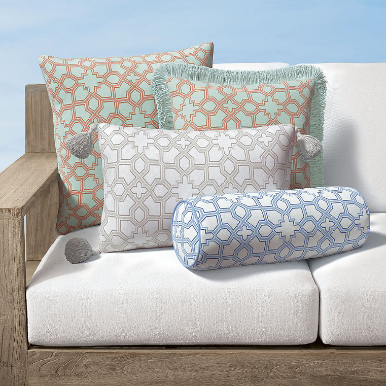 Avian Trellis Indoor/Outdoor Pillow - Air Blue, 13" x 20" Lumbar, 13" x 20" Lumbar Air Blue Piping - Frontgate