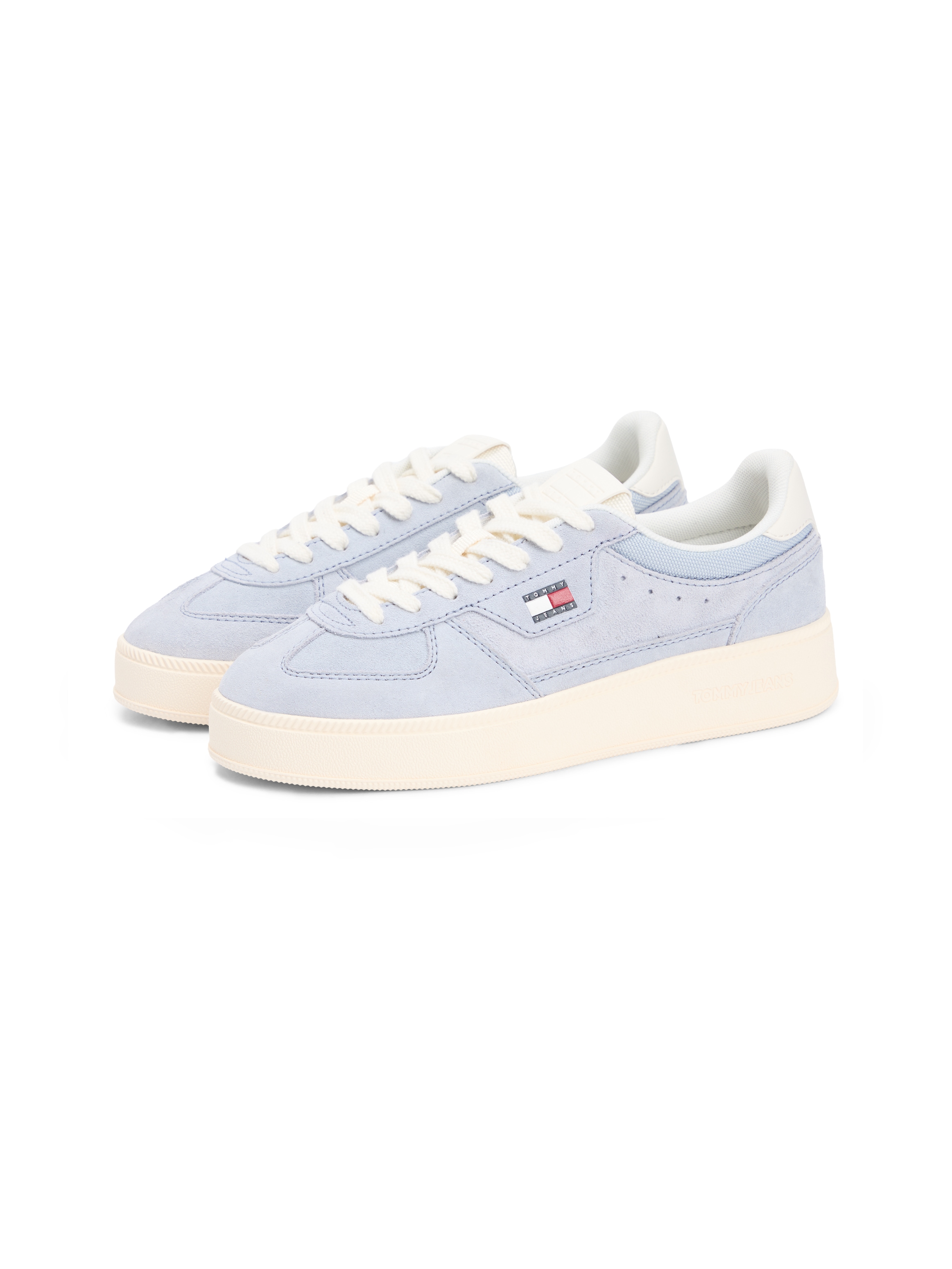 Plateausneaker TOMMY JEANS "THE GREENWICH EDGE MAX SUEDE", Damen, Gr. 41, hellblau, Veloursleder, kontrastfarbene Details, Schuhe Plateausneaker, Freizeitschuh, Halbschuh, Schnürschuh mit seitlicher Logoflagge