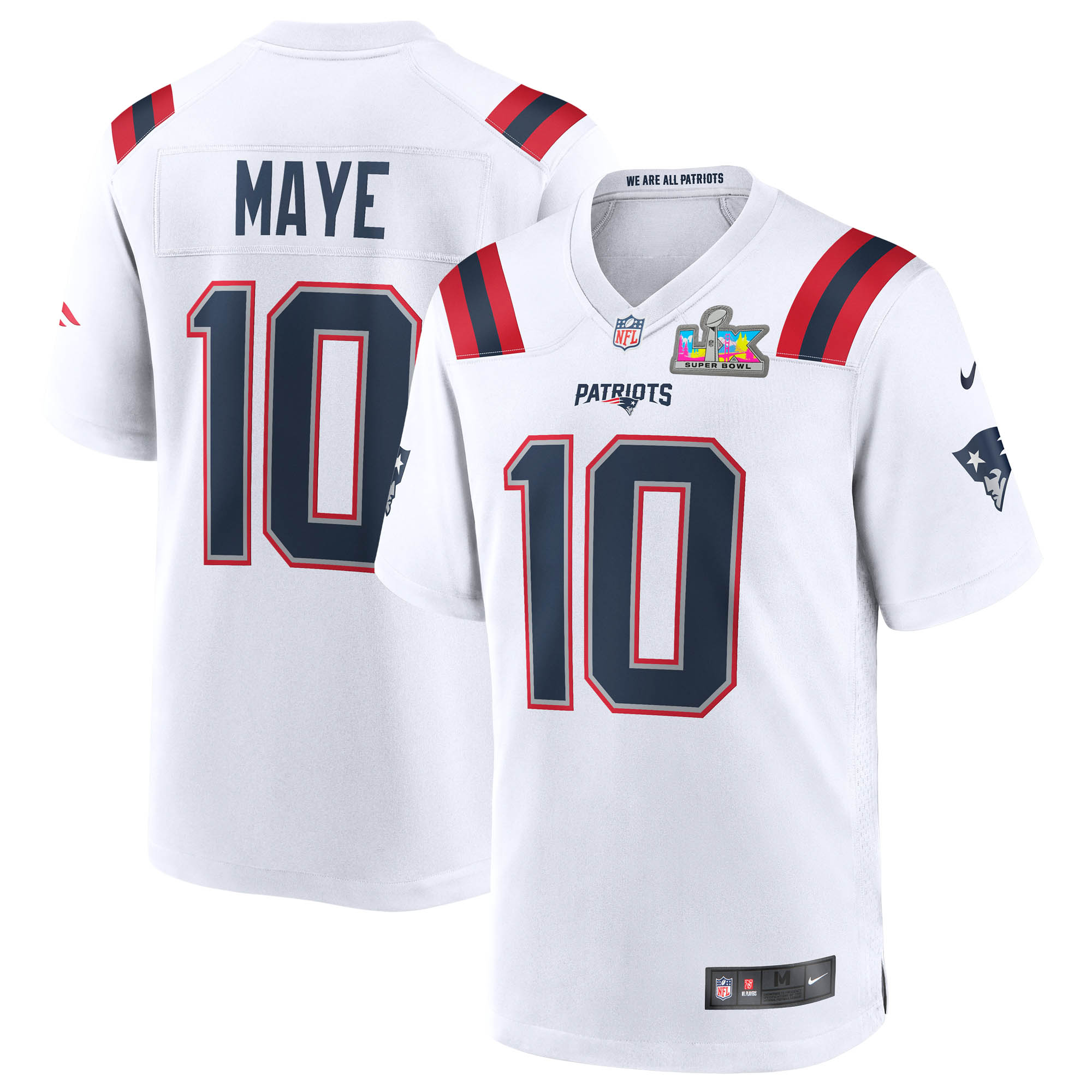 "Nike Herren-Trikot mit Drake Maye-Logo, weiß, New England Patriots, Super Bowl LX Patch" Image