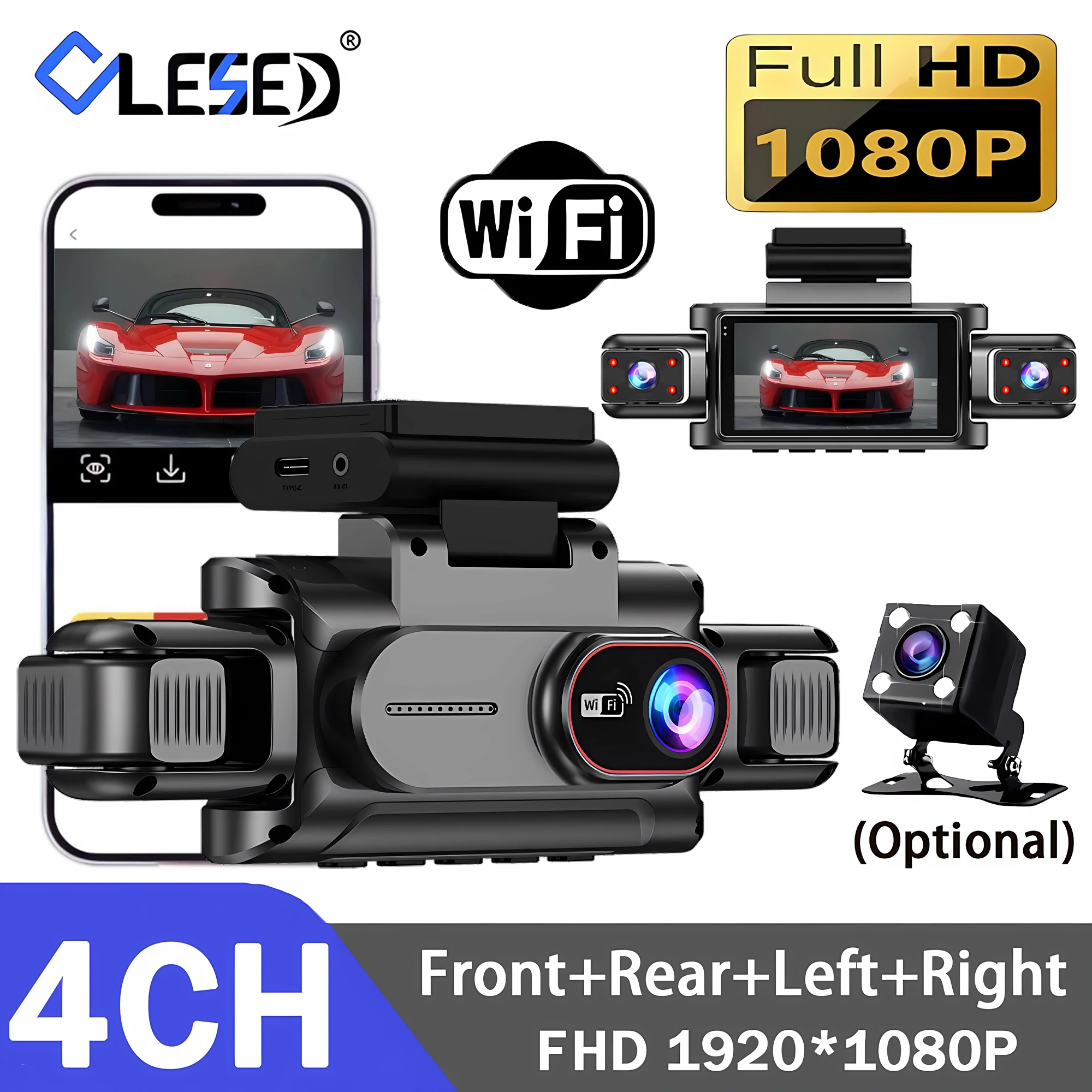 Caméra embarquée 4 canaux Wifi Full HD1080P DVR de voiture 4 caméras Caméra embarquée Enregistreur vidéo Super vision nocturne Boîte noire Cabine 4 objectifs caméra