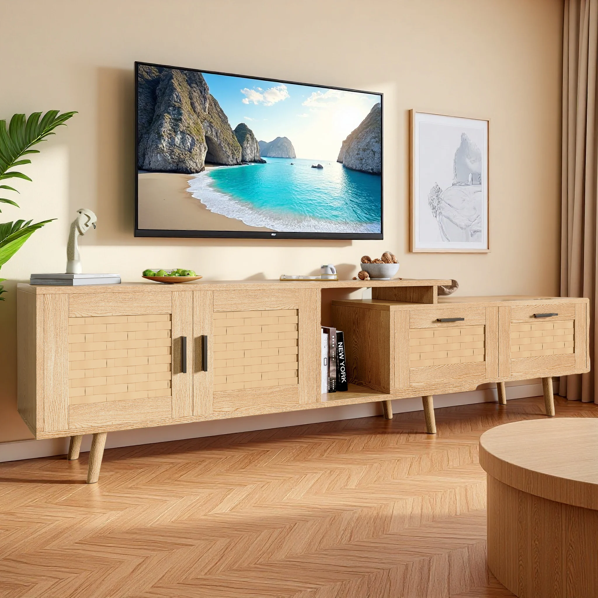 Meuble TV Rosahqnda, meuble bas, 169 cm, meuble TV pour téléviseurs jusqu'à 75 pouces, support TV pour salon, design en bois, bois/noir