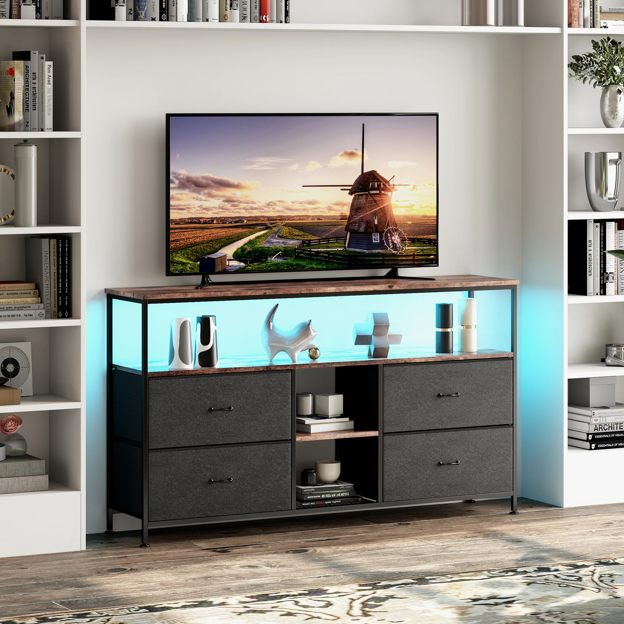 Comanlai Meuble TV 108/137 cm avec 3/4 tiroirs, compartiments ouverts, commode LED, meuble TV bas pour salon, chambre à coucher, noir