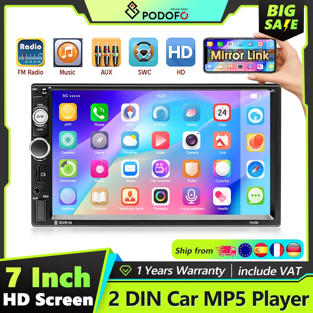 Autoradio Podofo 2Din 7'' con Supporto Android/iPhone, Mirror Link, Comandi al Volante, Lettore Multimediale, Bluetooth, Radio FM, AUX, Ricarica USB