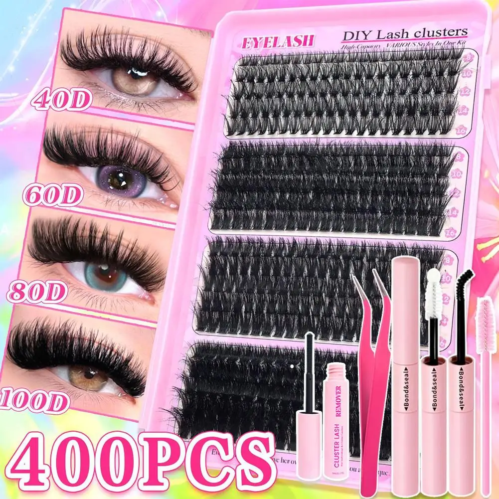 400 Cluster Gemischtes Segmentiertes Falsche-Wimpern-Set - 40D/60D/80D/100D D-Curl Dicke Wimpern, mit Pinzette, Kleber & Wimpernkamm für Natürliches Volumen Image