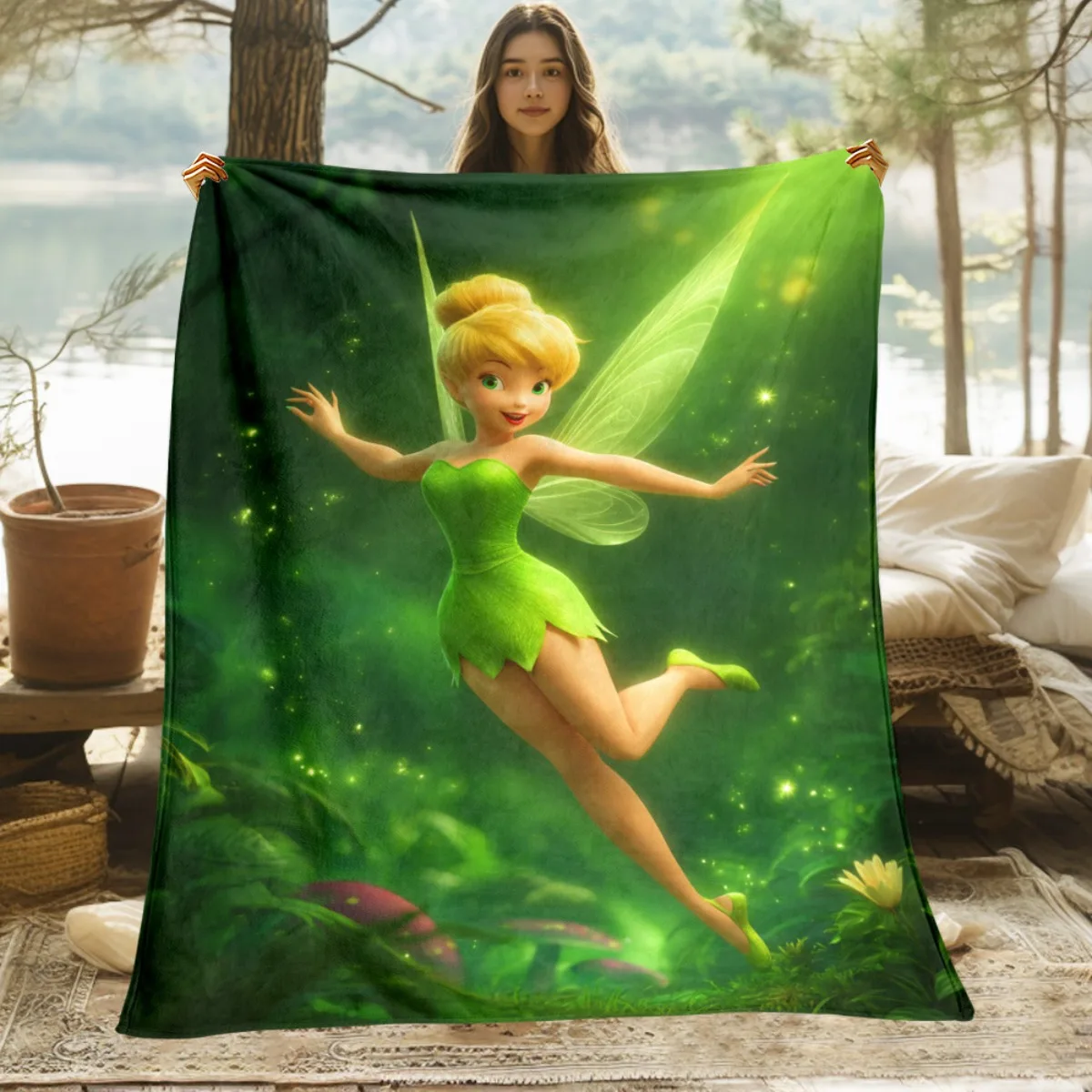 1 Stück Disney Magical Tinker Bell-inspirierte Decke – weicher Flanell mit 2D-Druck, ideal für gemütliche Heimdekoration und Camping, ganzjähriges Geschenk Image