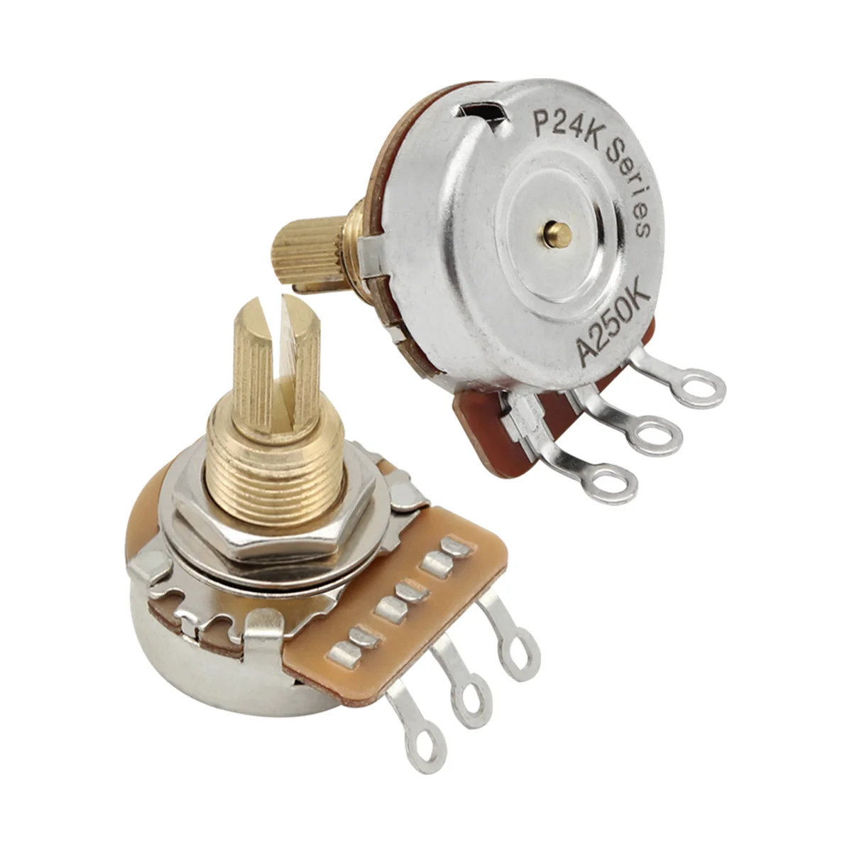 FLEOR 2PCS Messing 3/8" lange geteilte Welle 24-Zahn-Potentiometer Töpfe 500K / 250K Option für Gitarrenbass Image