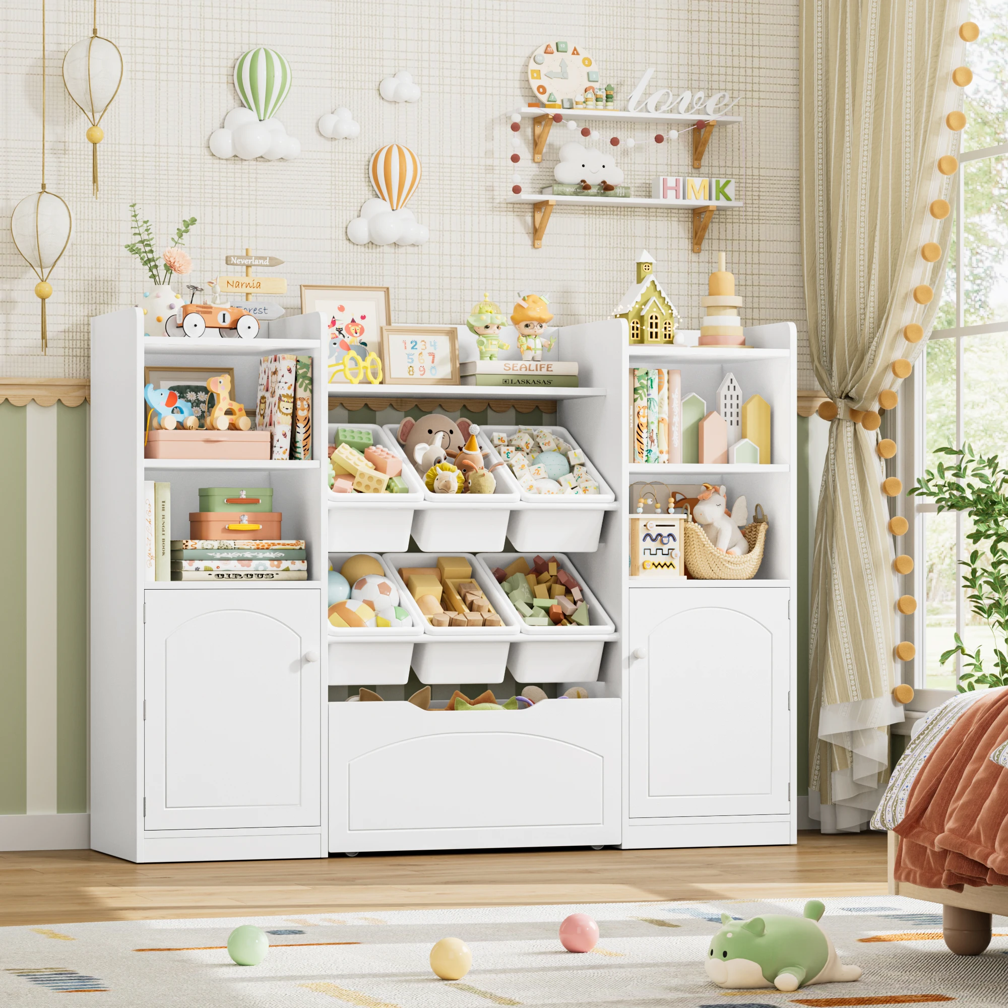 Getone kinderregal kinderzimmer möbel Spielzeugtruhe Bücherregal kinderschrank mit 15 Regalen 6 Boxen 1 Schublade 140x33x108.2cm