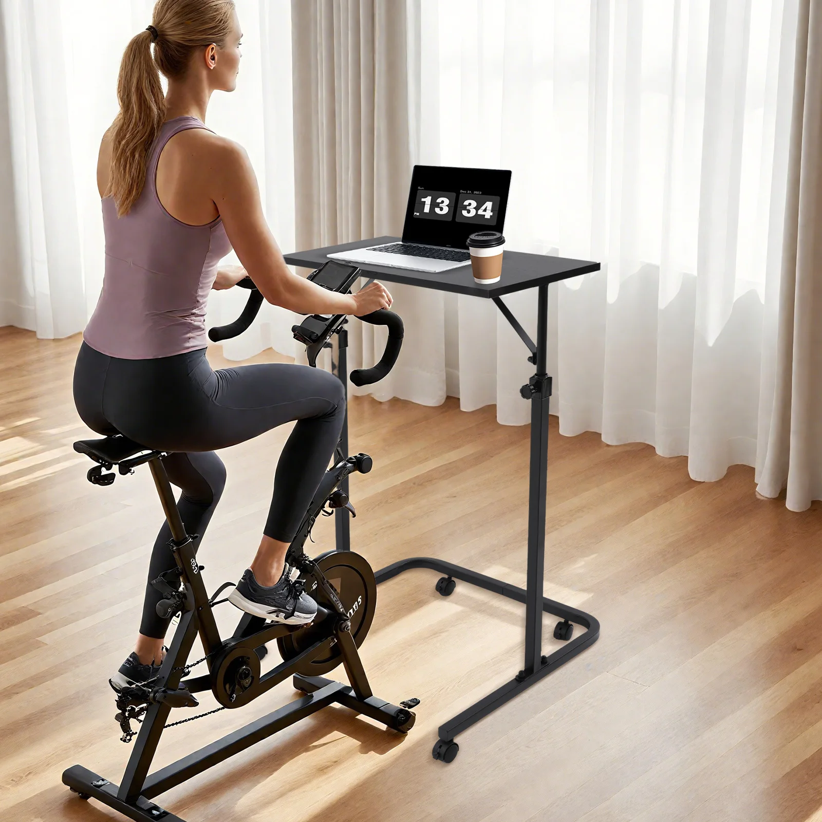 Indoor-Cycling-Trainingstisch mit Rollen, Fahrradtrainer, Laufband-Fitness-Schreibtisch, höhenverstellbar 91-123,5 cm, große Tischplatte 60*30 cm