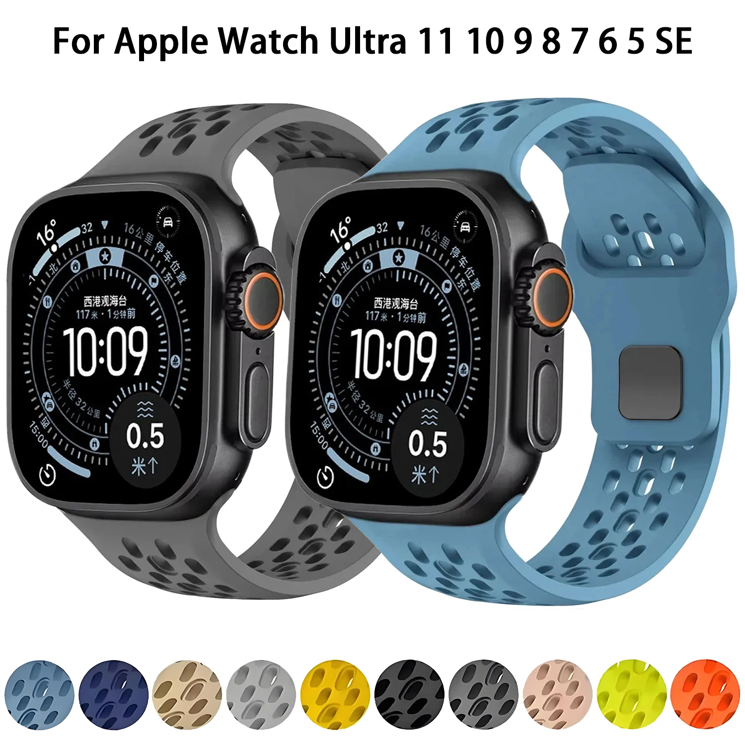 Atmungsaktives Silikonarmband für Apple Watch Band 49 mm 46 mm 42 mm 44 mm 45/41/40 mm Sportarmband iWatch Ultra 11 10 9 8 7 6 SE3 Gürtel Image