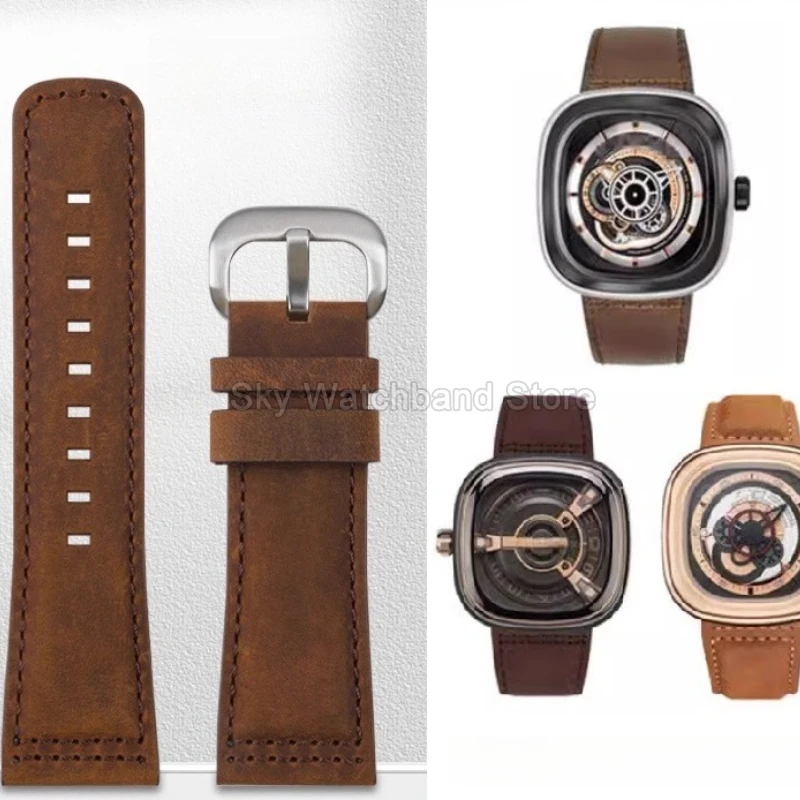 Originales Uhrenarmband aus Kalbsleder der ersten Schicht für Seven Friday Uhrenarmband, mattiertes Echtleder-Uhrenzubehör, 28 mm Image