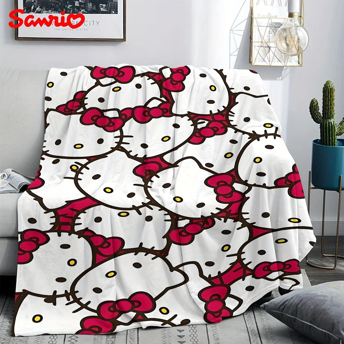 1 Stück Hello Kitty Rot-Weiße Flanelldecke | Weiches Flanellmaterial | Gemütliche Abdeckung für Schlafzimmer/Wohnzimmer/Camping | Perfektes Sanrio-Fanartikel Image