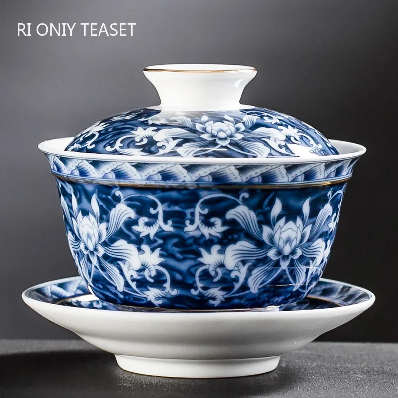 Jingdezhen Blau und Weiß Porzellan Tee Terrine Schüssel Handgemachte Keramik Teetasse Reise Tragbare Gaiwan Hause Tee-Set Drink 160ml Image