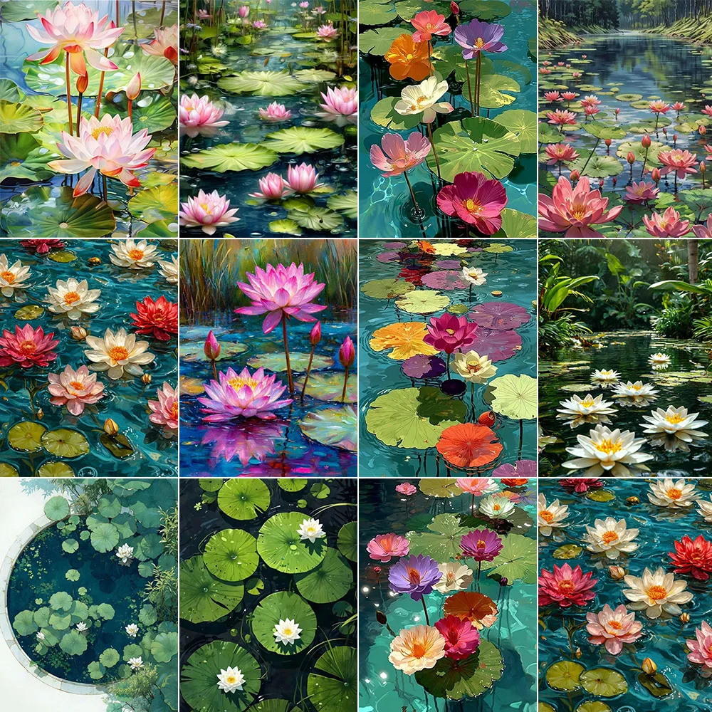 Malen nach Zahlen, Lotusteich-Landschaftsbausätze, DIY Malen nach Zahlen auf Leinwand, handgemalt, einzigartiges Geschenk, Wohnzimmer-Wanddekoration Image