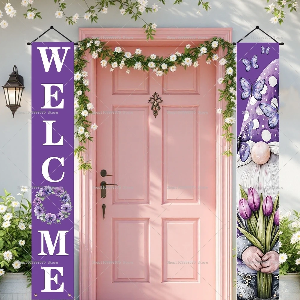 2D Willkommen Frühlingszwerg Thema Frühling Sommer Partydekorationen Couplets Veranda Schild Indoor Outdoor Hängende Banner Partyzubehör Image