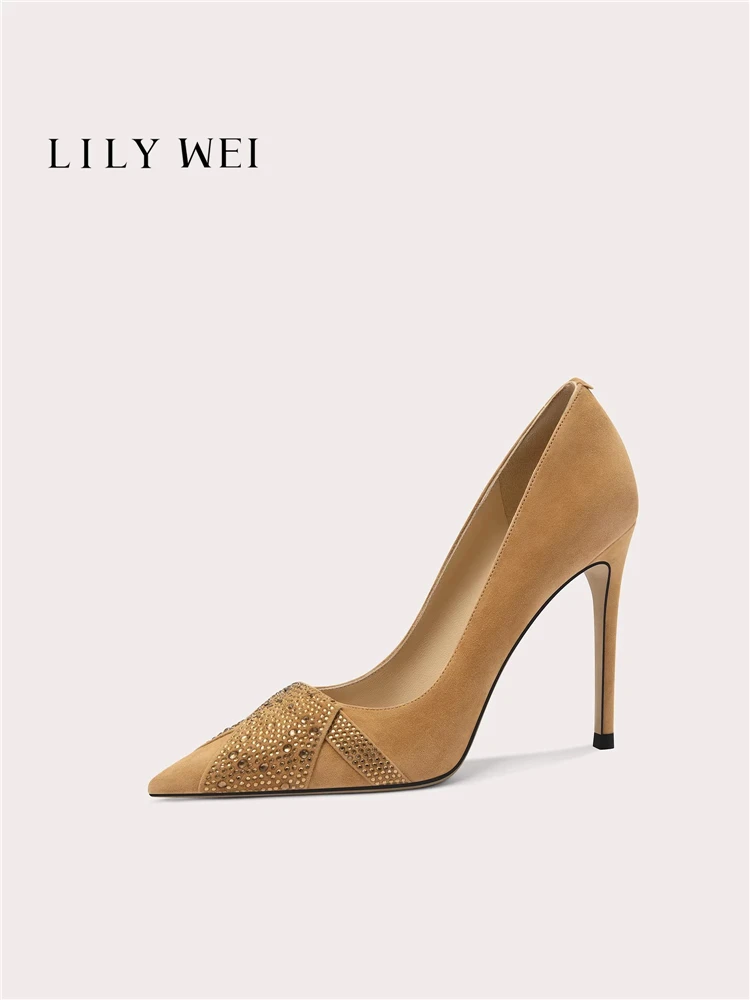 Frühlingsneuheit: Spitze, flache Schuhe mit Diamantenbesatz aus Wildleder, für Bankette, große und kleine Größen, dünne hohe Absätze, Damenschuhe