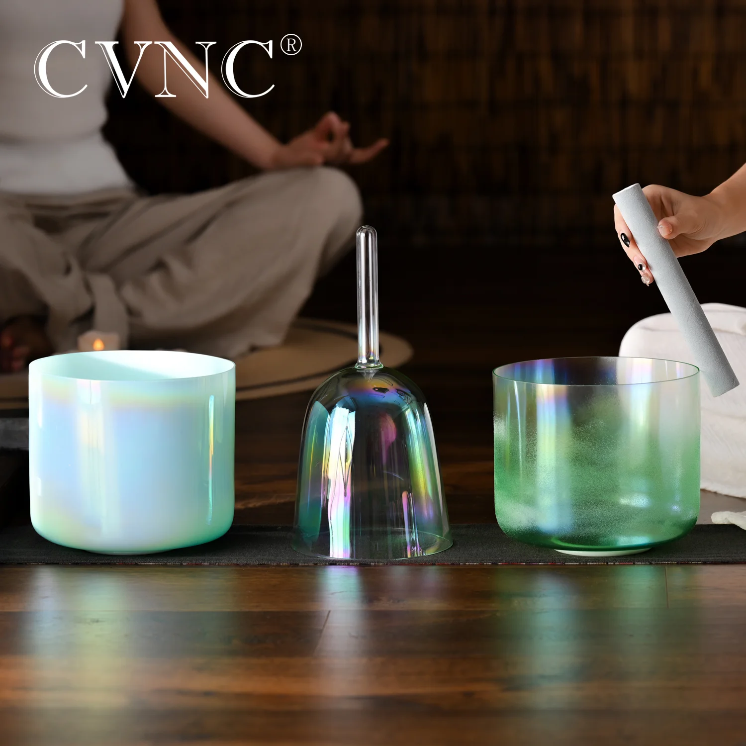 CVNC 6" und 7" grüner Graal Alchemy Crystal Klangschalen-Set, 3-teilig, Quarz für Klangheilung, Instrument mit Schlägel Image