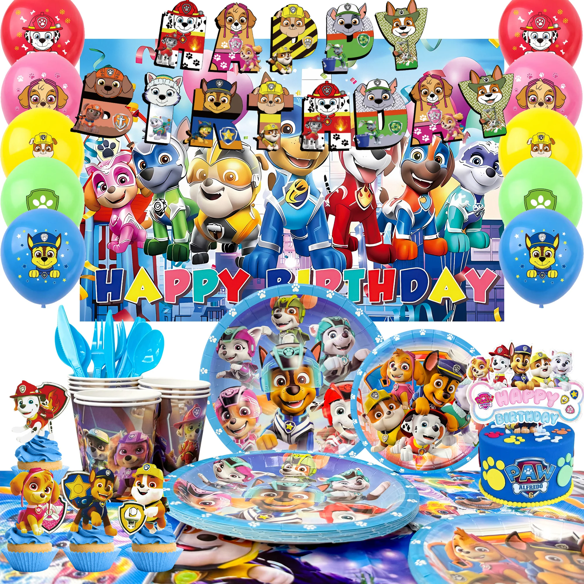 101-teiliges Paw Patrol Geburtstagsparty-Set - Paw Patrol Geburtstagsbanner, Luftballons, Hintergrund, Becher etc. Paw Patrol Partydekorationen Image