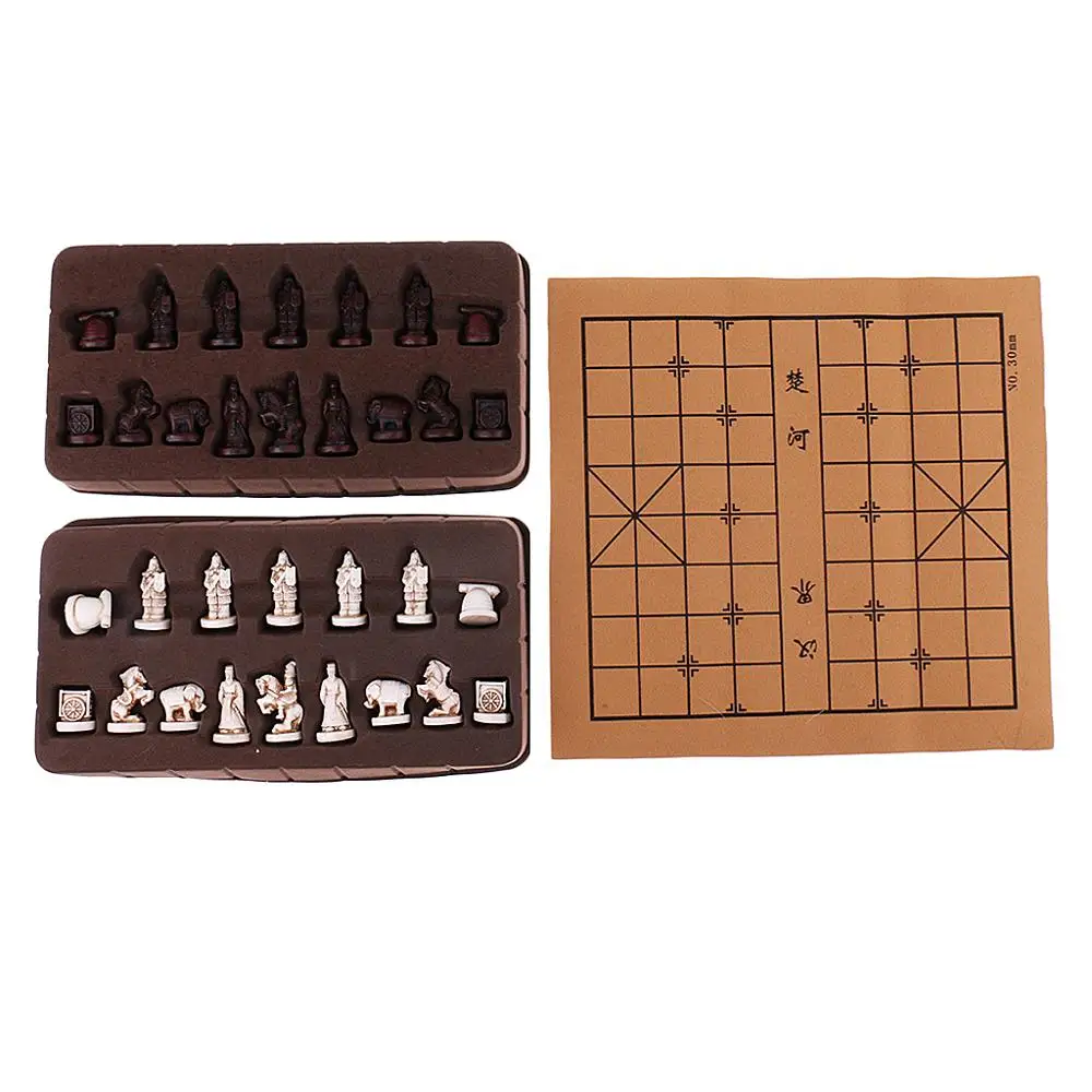 Neue Vintage Stereoskopischen Schach Falten Imitation Leder Schach Bord Chinesischen Traditionellen Schach Xiangqi Handwerk Stück Set Image